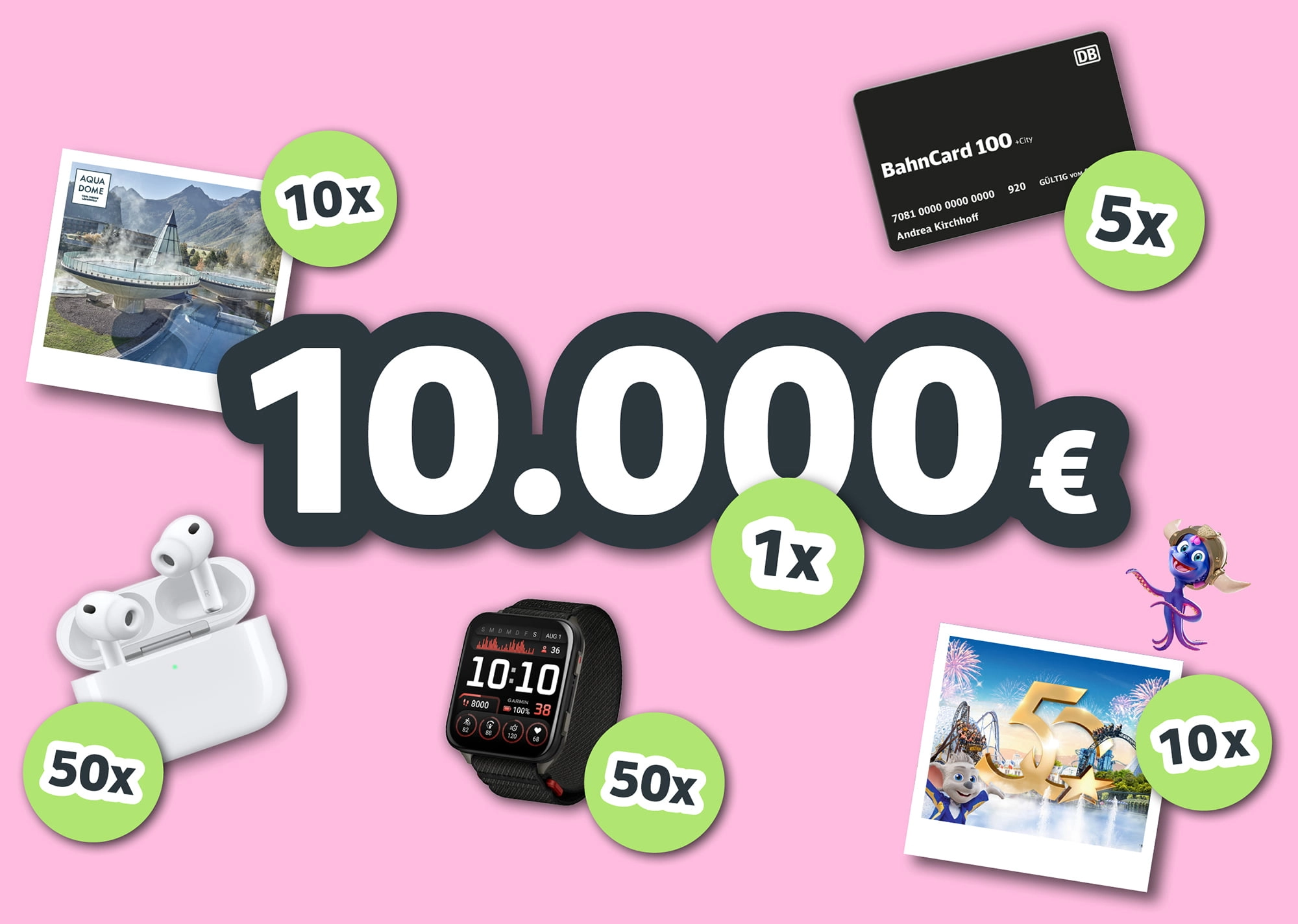 2 Millionen JobRäder: Gewinnspielchance auf Preise im Gesamtwert von 100.000€: 10.000 € in bar, 25 Wochenenden im Europapark, 10 Wellness-Wochenenden im Aqua-Dome Thermenhotel Längenfeld, 5 Bahncard 100, 50 Airpods Pro 3 und 50 Garmin Smartwatch Venu